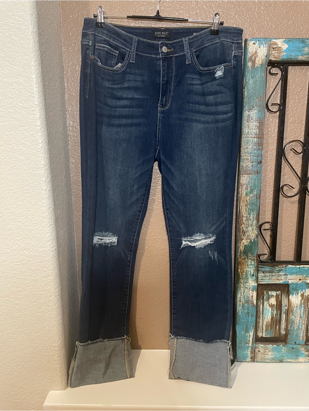 Judy Blue Dark Wash Distressed Straight Leg Jeans with Cuffs